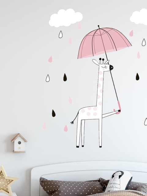 Kids Cute Giraffe with Colorful Raindrops and White Clouds Wall Decal Sticker