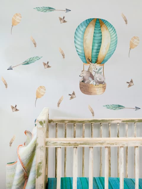 Kids Watercolor Hot Air Balloon with Animals and Colorful Feathers Wall Decal Sticker