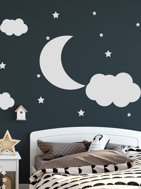 Nursery White Crescent Moon with Clouds Wall Decal Sticker