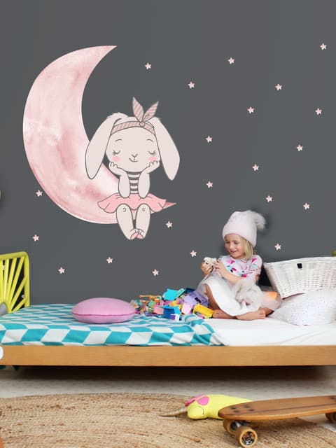 Kinder Wasserfarben Niedlicher Hase und Rosa Mond mit Kleinen Sternen Wandtattoo