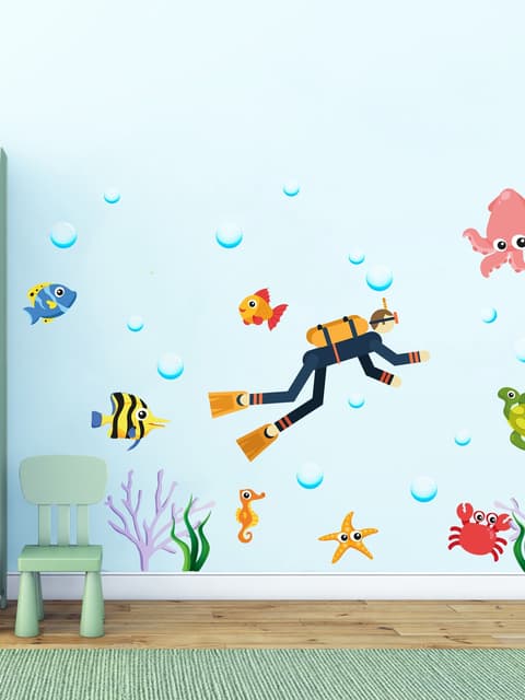 Kids Cartoon Sea Underwater with Fish Man Wall Decal Sticker
