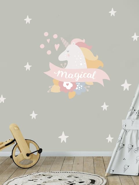 Stickers muraux licorne rose petites étoiles blanches enfants
