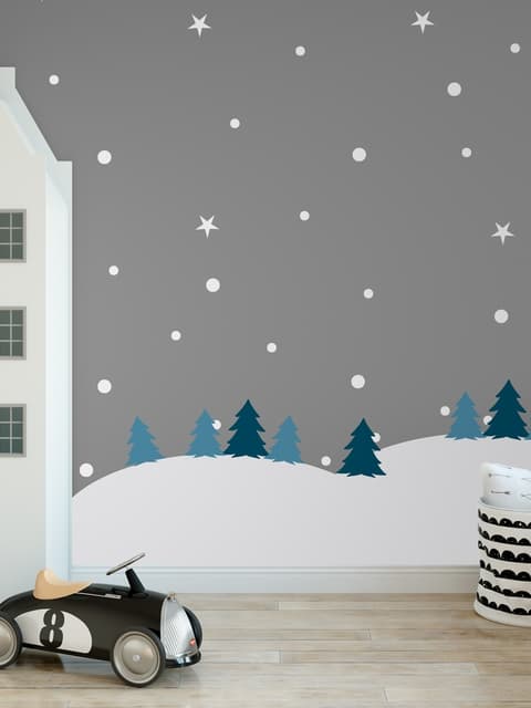 Kids White Winter Landscape with Green Pine Tree Wall Decal Sticker