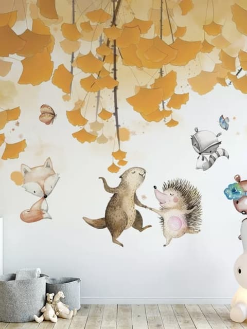 Fototapete Herbstblätter mit Cartoon-Tieren