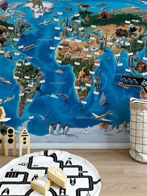 3D Look Kids World Map with Compass Wallpaper Mural
