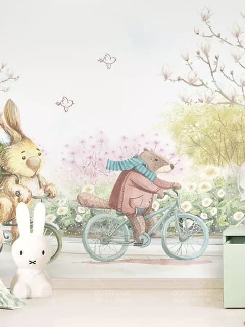 Papier peint panoramique ours de dessin animé dans le jardin fleuri