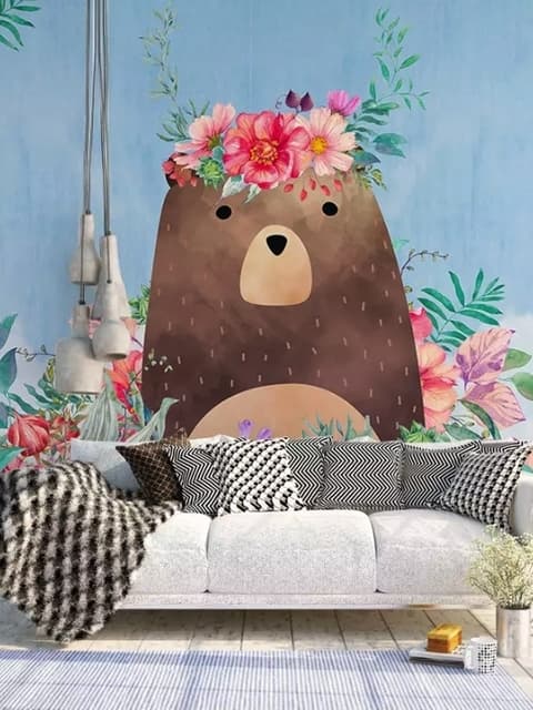 Flowery Cartoon Bear Wallpaper Mural