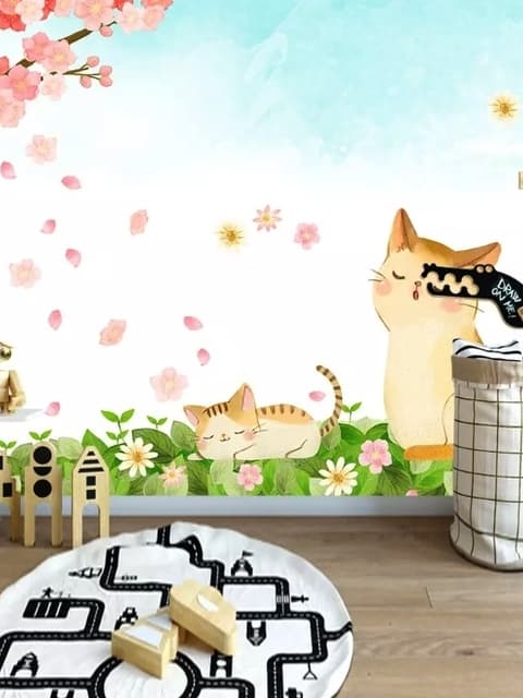 Cherry Blossom and Cartoon Cats Wallpaper Mural