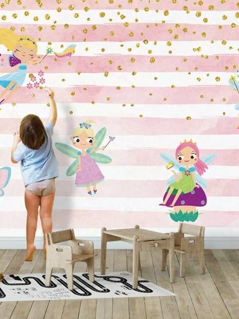 Papier peint panoramique pour enfants avec fée et motif à rayures