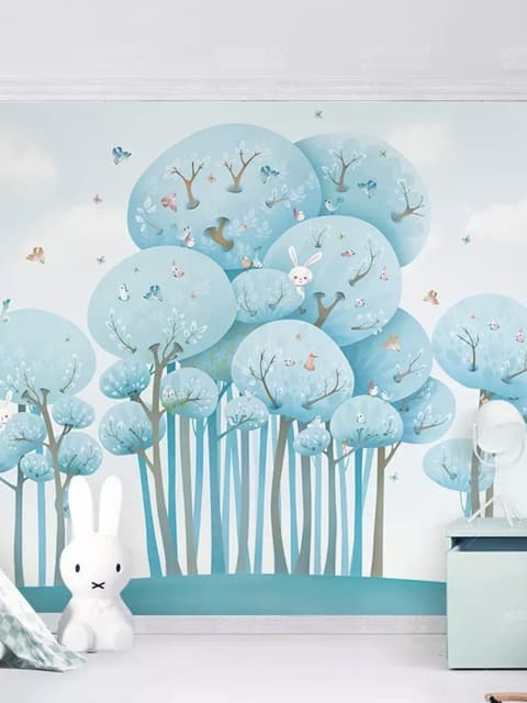 Watercolor Cartoon Blue Forest Landscape Wallpaper Mural