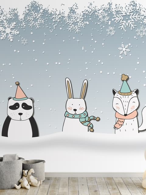 Cartoon-Fuchs und Panda Wintertiere Fototapete