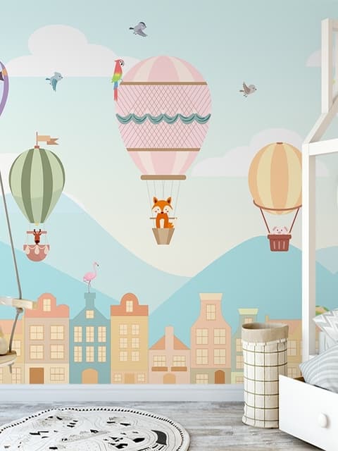 Papier peint panoramique des enfants, de la montgolfière et de la petite maison