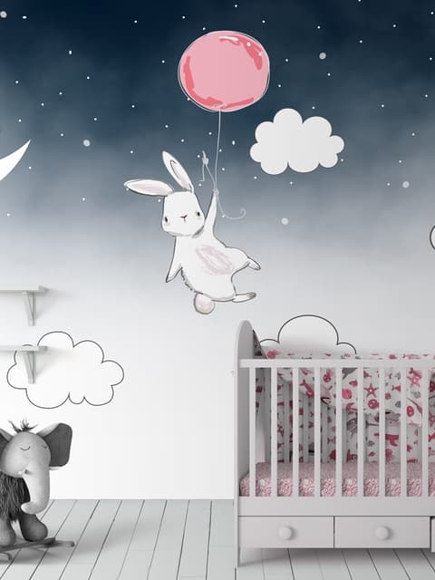 Cartoon-Nachthimmel mit Hase und Elefant Fototapete