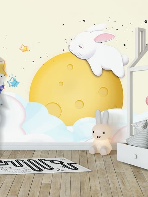 Baby Cartoon Rabbit and Yellow Moon Wallpaper Mural