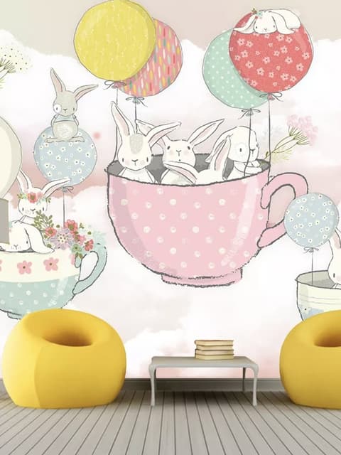 Hase fliegt in Tassen mit Ballon Fototapete