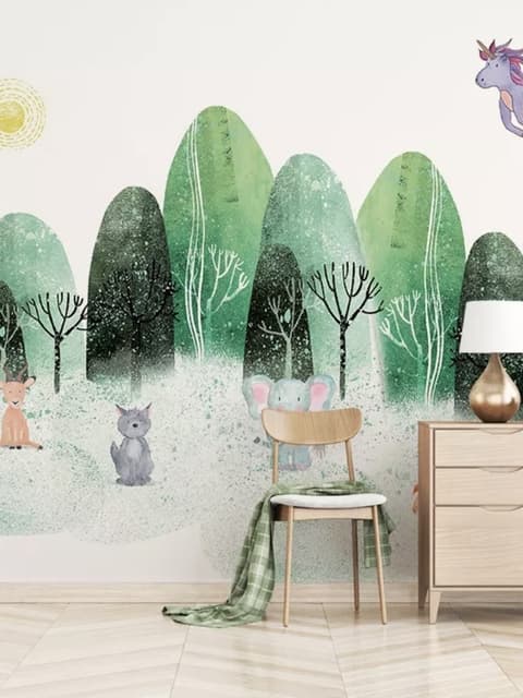Watercolor Cartoon Trees and Animals Wallpaper Mural
