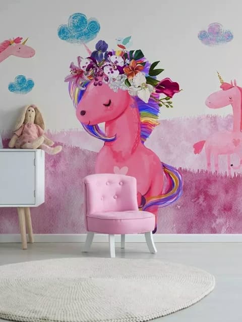 Papier peint panoramique licorne rose dessin animé