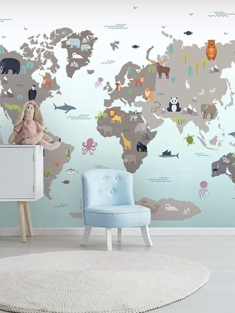 Gray Kids World Map Wallpaper Mural
