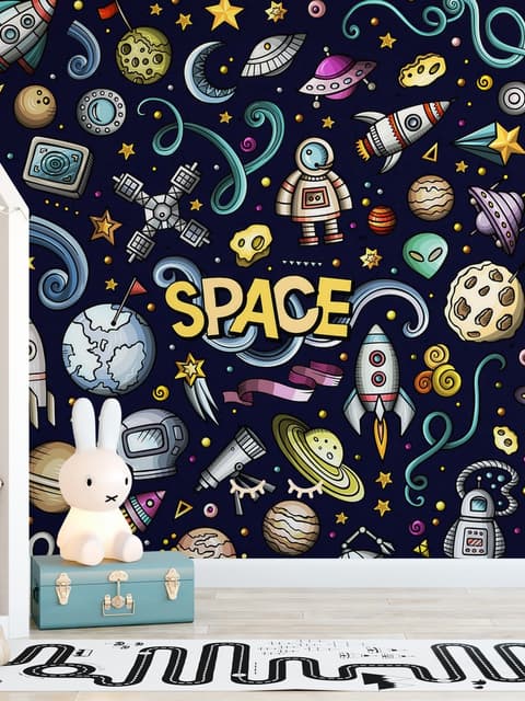 Kids Cartoon Space with Astronaut and Colorful Planets Wallpaper Mural