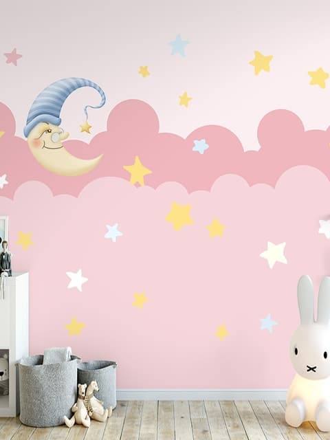 Papier peint nuit rose lune endormie filles enfants
