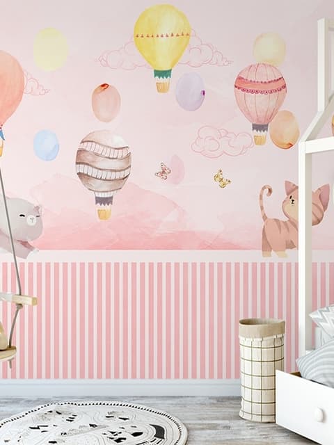 Aquarell Rosa Himmel mit Süßem Kätzchen und Heißluftballon Fototapete