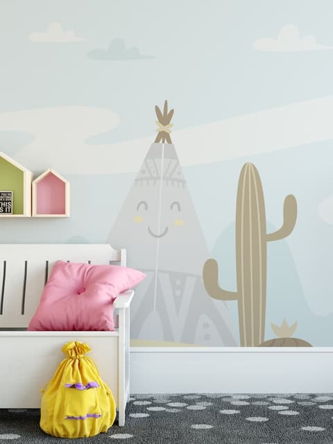 Papier peint panoramique paysage de dessins animés avec soleil joyeux