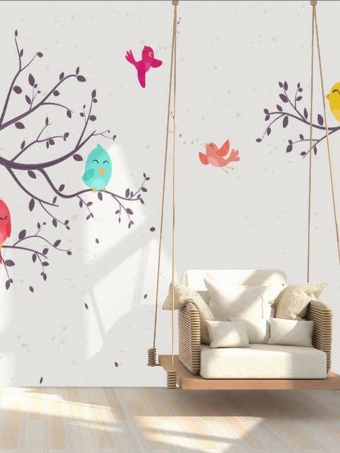 Kinder Cartoon Baum mit Bunten Singvögeln Fototapete