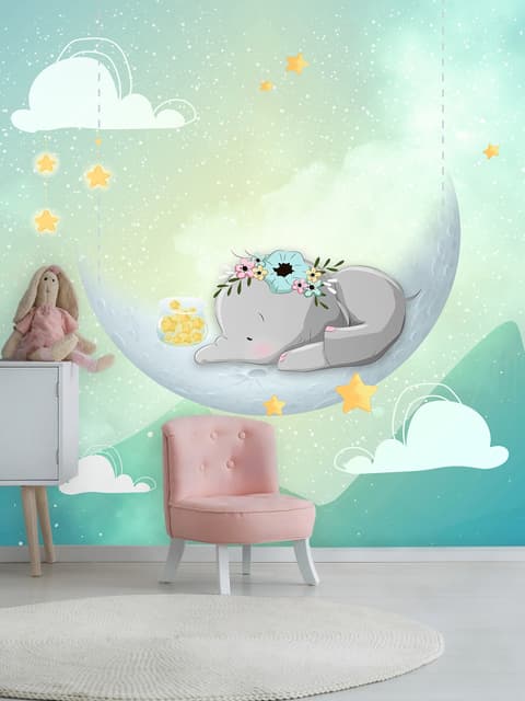 Aquarell Süßer Elefant mit Mond Fototapete