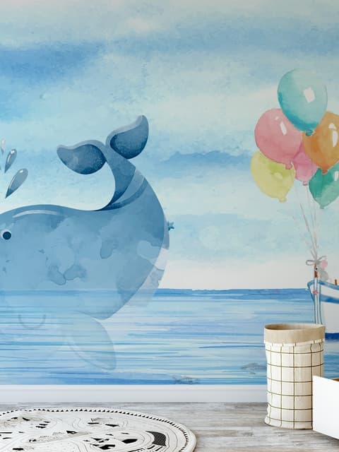 Cartoon Sea with Pink Elephant and Whales Wallpaper Mural