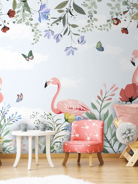 Fototapete Flamingo mit bunten Blumen