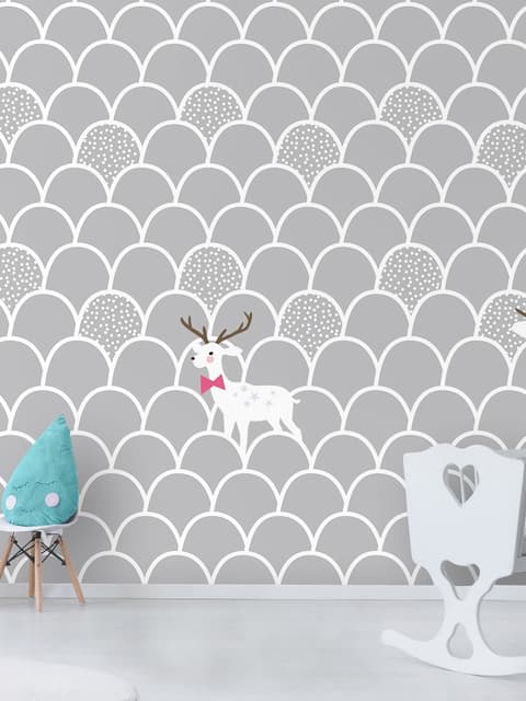 Kids Gray Fishscale Pattern and White Deer Wallpaper Mural