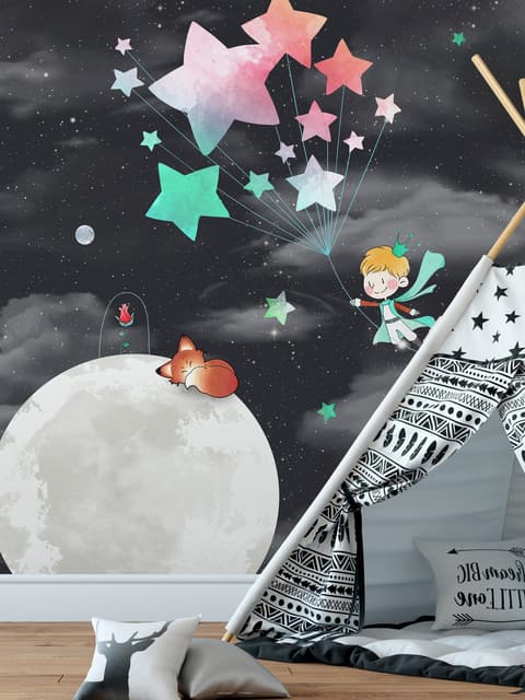 Papier peint panoramique le petit prince et lune avec étoiles aquarelle