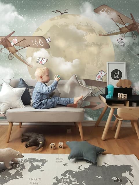 Kids Moon with Aircraft Wallpaper Mural