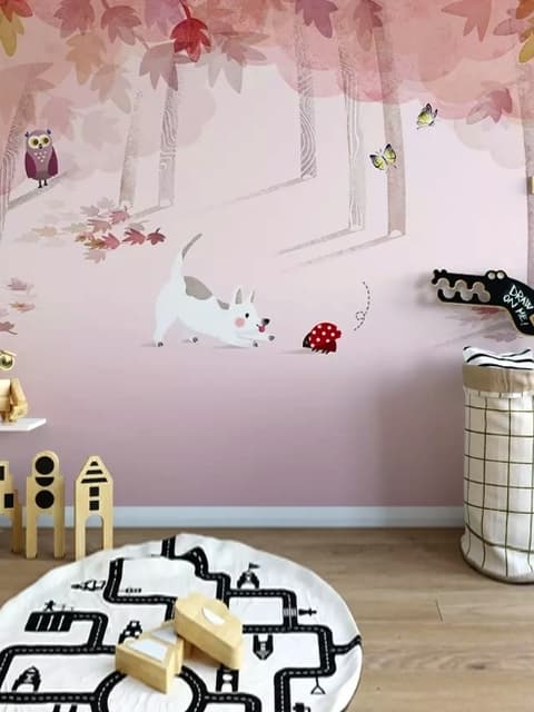 Pink Wald mit Katzen und Eule Fototapete