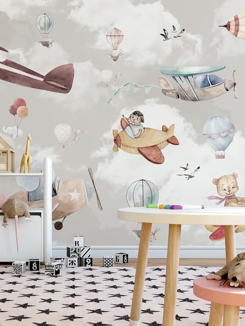 Kinderzimmer Fototapete Cartoon-Tiere fliegen mit Flugzeug