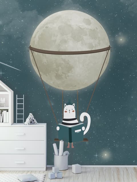 Schaukelnde Katze mit leuchtendem Mond Fototapete für Kinder