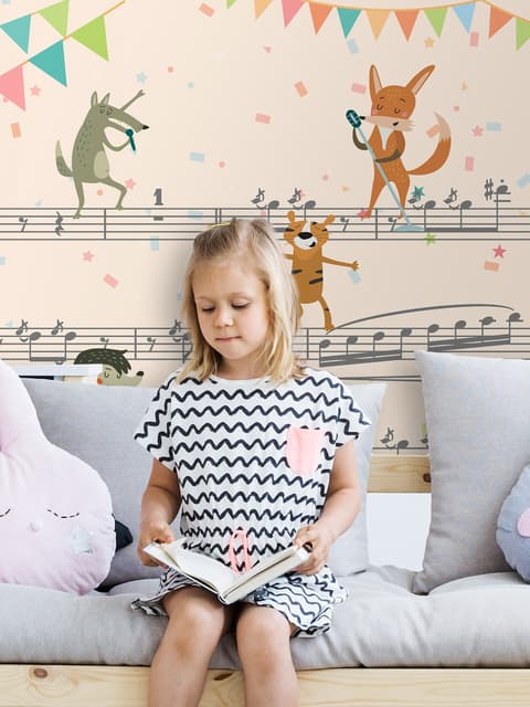 Fototapete mit Cartoon-Tieren auf Musiknoten