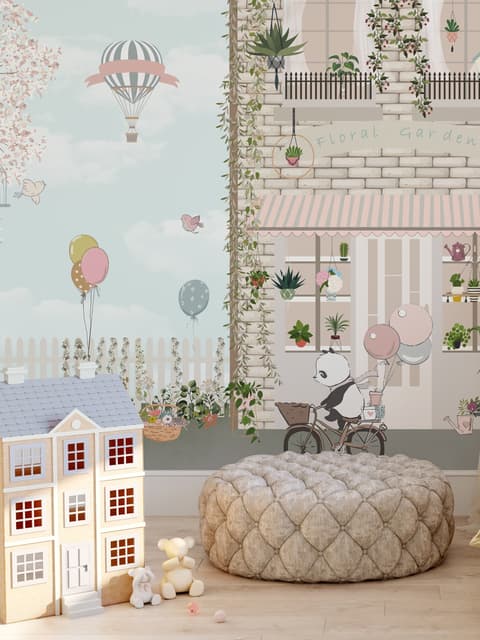 Panda-Bär mit Ballons vor einem Blumengarten - Fototapete für Kinderzimmer