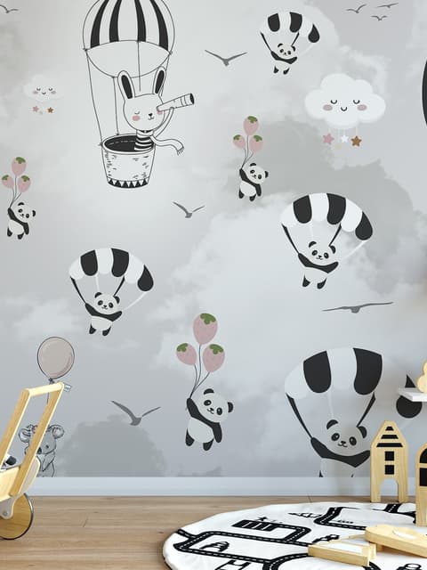 Hot Air Balloon with Cartoons Animals Kids Nursery Wallpaper Mural
