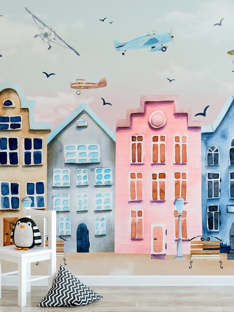 Papier peint hélicoptères maisons colorées style Amsterdam