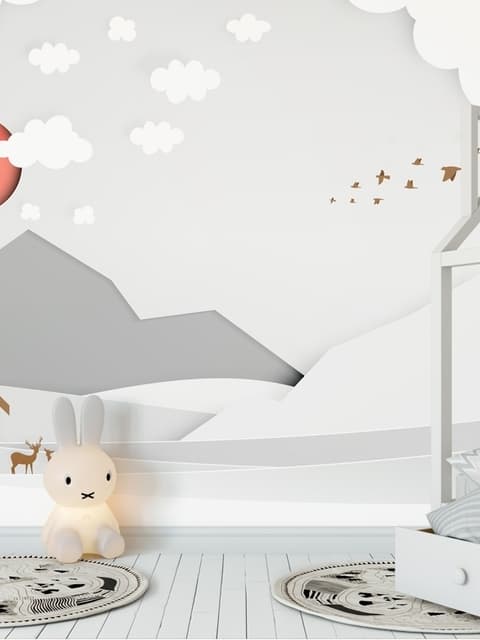 Papier peint panoramique paysage montagneux blanc et gris pour enfants