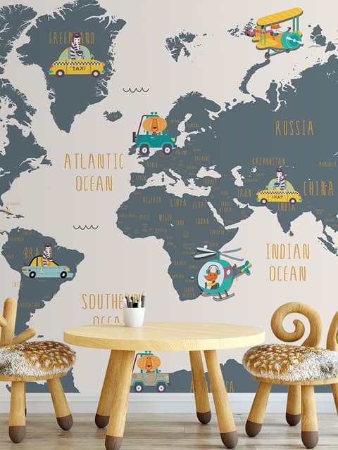 Kids World Map with Animals and Little Cars Wallpaper Mural
