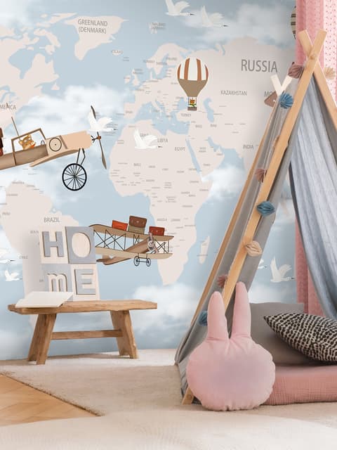 World Map with Hot Air Balloons and Helicopters Wallpaper Mural