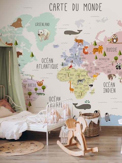  Carte éducatif en Français - Papier peint carte du monde éducative avec animaux pour enfants et bébé
