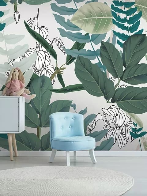 3D Look Tropical Leaf Drawing Art Wallpaper Mural