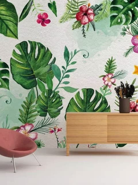 Colorful Mirabilis Flowers and Tropical Leaves Wallpaper Mural