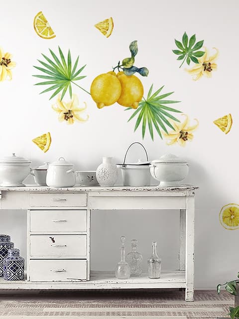 Yellow Lemon with Lily Florals Wall Decal Sticker