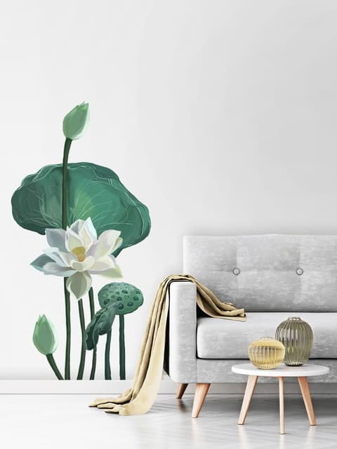Watercolor White Lotus Floral and Leaves Wall Decal Sticker