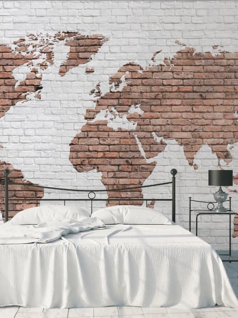 White Brown Brick World Maps Wallpaper Mural