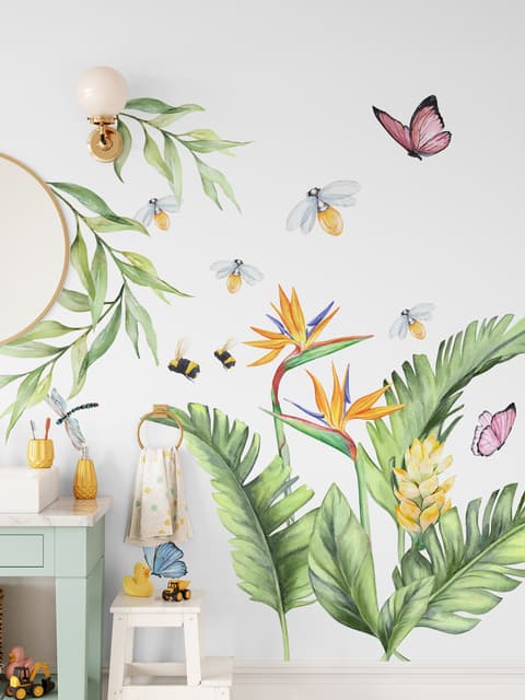 Cute Tropical Leaves and Flowers Wall Decal Sticker